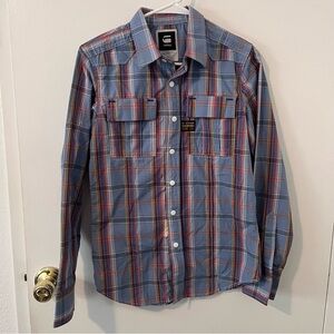 G Star Raw Denim Railroad Pearl Snap Zipper Shirt Western Blue Plaid Small
